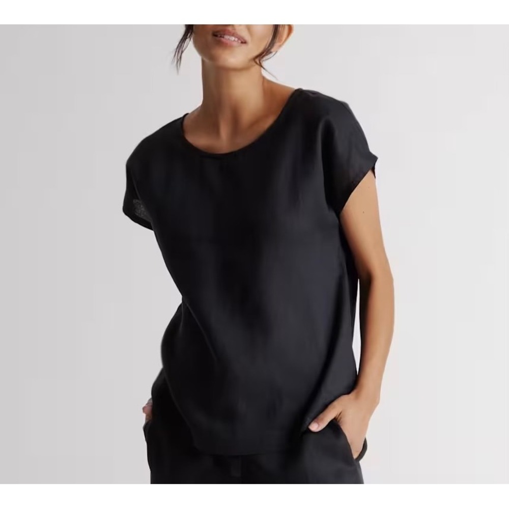 Quince Pajama Top 100% European Linen Short Sleeve Black Large